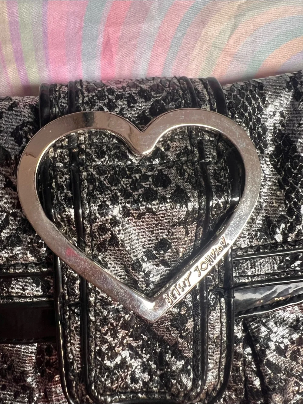 Betsey Johnson Black Metallic Snake-Print Shoulder Bag with Heart Accent